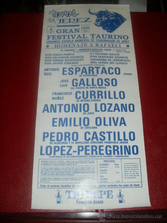 Tauromachie: CARTEL DE TOROS. PLAZA JEREZ. 1989. OLIVA, CASTILLO, LOZANO.. GANADERIAS CUVILLO, OSBORNE, DOMECQ...