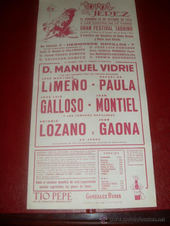 Tauromachie: CARTEL DE TOROS. PLAZA JEREZ. 1976. LIME&Ntilde;O, PAULA, MONTIEL... GANADERIAS VILLAMARTA, DOMECQ...