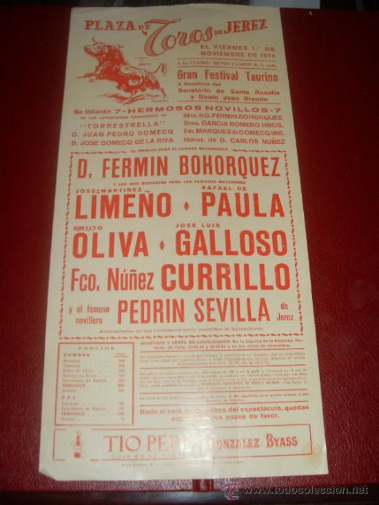 Tauromachie: CARTEL DE TOROS. PLAZA JEREZ. 1974. BOHORQUEZ, LIME&Ntilde;O, PAULA... GANADERIAS TORRESTRELLA, C. NU&Ntilde;EZ...