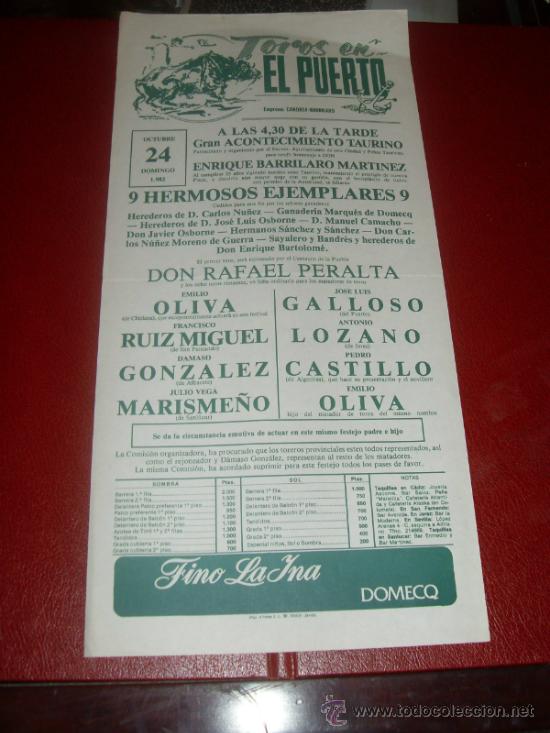 Tauromachie: CARTEL DE TOROS. PLAZA DEL PUERTO. 1982. OLIVA, GALLOSO, LOZANO... GANADERIAS NU&Ntilde;EZ, CAMACHO, DOMECQ