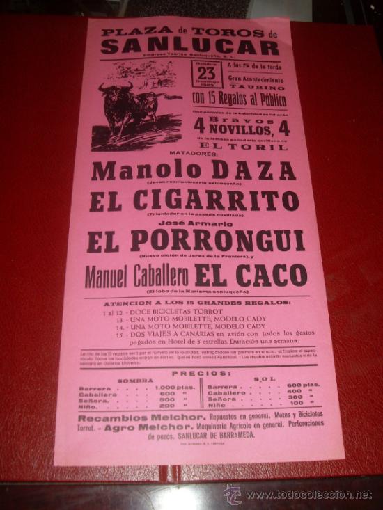 Tauromachie: CARTEL TOROS. PLAZA SANLUCAR. 1983. DAZA, CIGARRITO, CACO, PORRONGUI. GANADERIA EL TORIL.