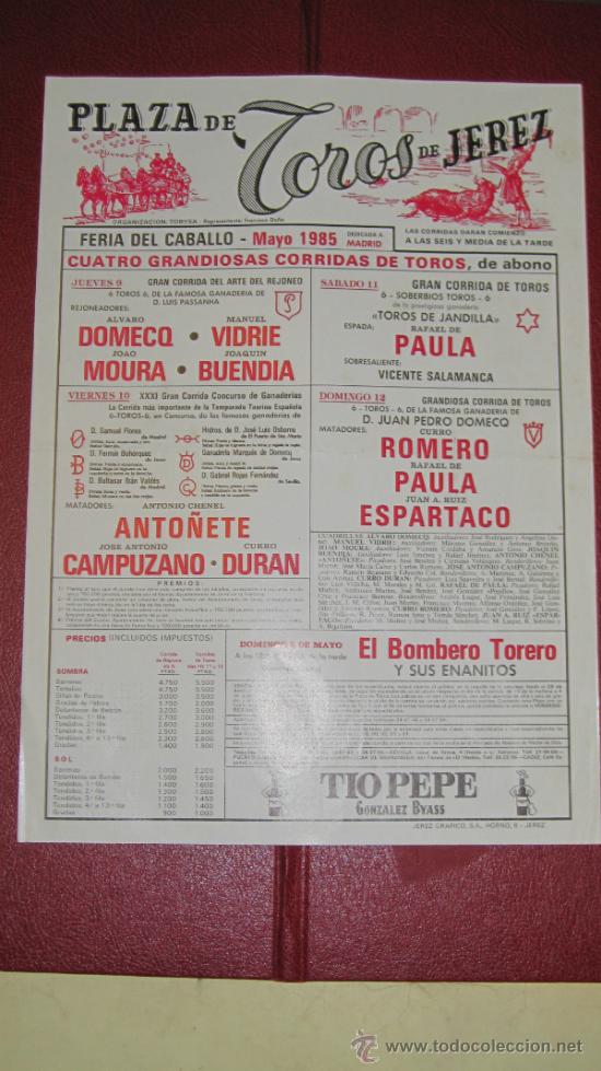 Tauromachie: CARTEL DE TOROS, PLAZA DE JEREZ. ALVARO DOMECQ, MANUEL VIDRIE, JOA MOURA, JOAQUIN BUENDIA.. A&Ntilde;O 1985