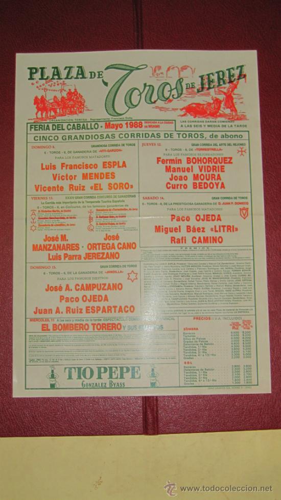 Tauromachie: CARTEL DE TOROS, PLAZA DE JEREZ. LUIS FRANCISCO ESPLA, V&Iacute;CTOR MENDES, VICENTE RUIZ ,...  A&Ntilde;O 1988.