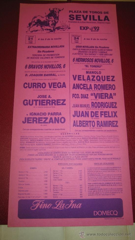 Tauromachie: CARTEL DE TOROS, PLAZA DE SEVILLA. CURRO VEGA, JOSE A. GUTIERREZ, I. PARRA JEREZANO,... A&Ntilde;O 1988.
