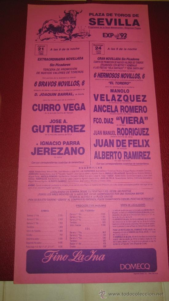 Tauromachie: CARTEL DE TOROS, PLAZA DE SEVILLA. CURRO VEGA, JOSE A. GUTIERREZ, I. PARRA JEREZANO,... A&Ntilde;O 1988.