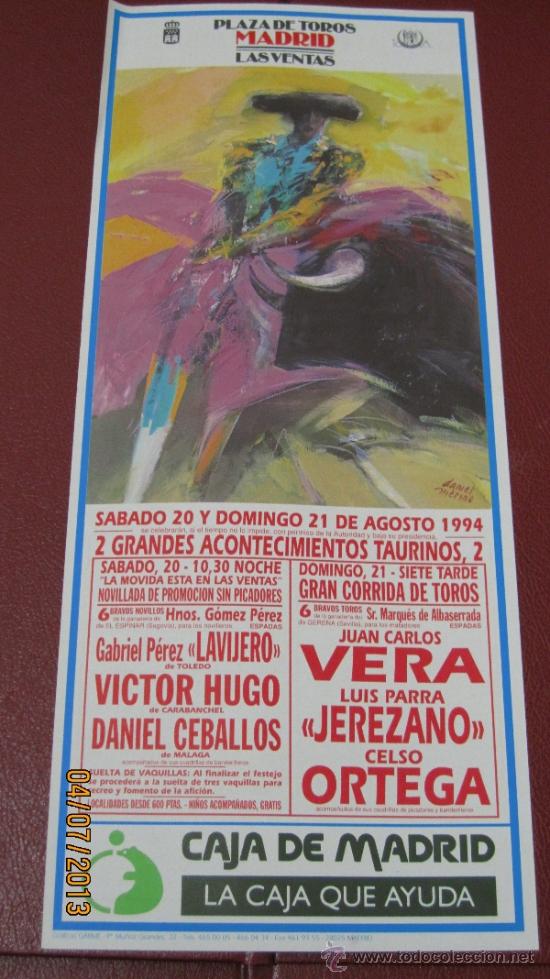 Tauromaquia: CARTEL DE TOROS, PLAZA DE MADRID. GABRIEL P&Eacute;REZ LAVIJERO, VICTOR HUGO, DANIEL CEBALLOS... A&Ntilde;O 1994.