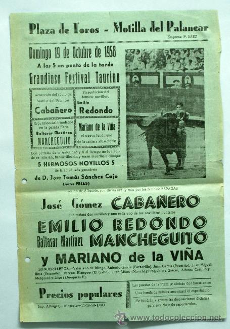 Tauromaquia: Cartel toros Plaza Motilla del Palancar 1958 Caba&ntilde;ero Emilio Redondo Mancheguito