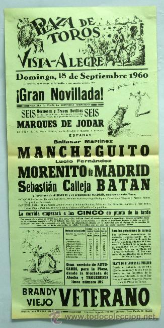 Tauromaquia: Cartel toros Plaza Vista - Alegre Sep 1960 Mancheguito Morenito Madrid Sebasti&aacute;n Calleja Bat&aacute;n
