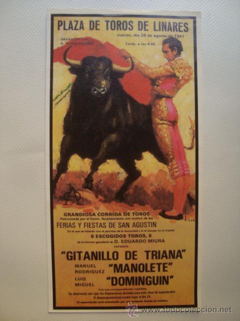 Tauromaquia: PEQUE&Ntilde;O CARTEL PLAZA DE TOROS DE LINARES MUERTE MANOLETE. MES&Oacute;N EL BURLAERO. 20,8X10,6 CM.