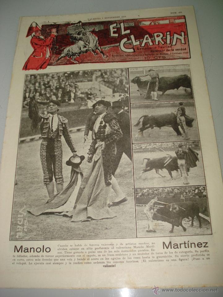 Tauromaquia: Semanario Taurino Defensor de la Verdad *EL CLAR&Iacute;N* N&ordm; 491 con MANOLO MART&Iacute;NEZ - Valencia - A&ntilde;o 1931