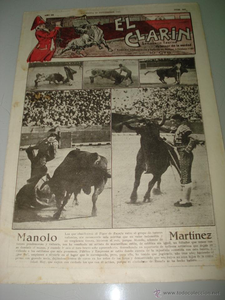 Tauromaquia: Semanario Taurino Defensor de la Verdad *EL CLAR&Iacute;N* N&ordm; 442 con MANOLO MART&Iacute;NEZ - Valencia - A&ntilde;o 1930