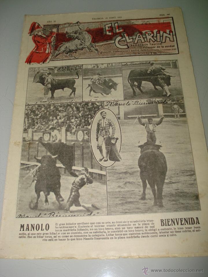 Tauromaquia: Semanario Taurino Defensor de la Verdad *EL CLAR&Iacute;N* N&ordm; 521 con MANOLO BIENVENIDA Valencia - A&ntilde;o 1932