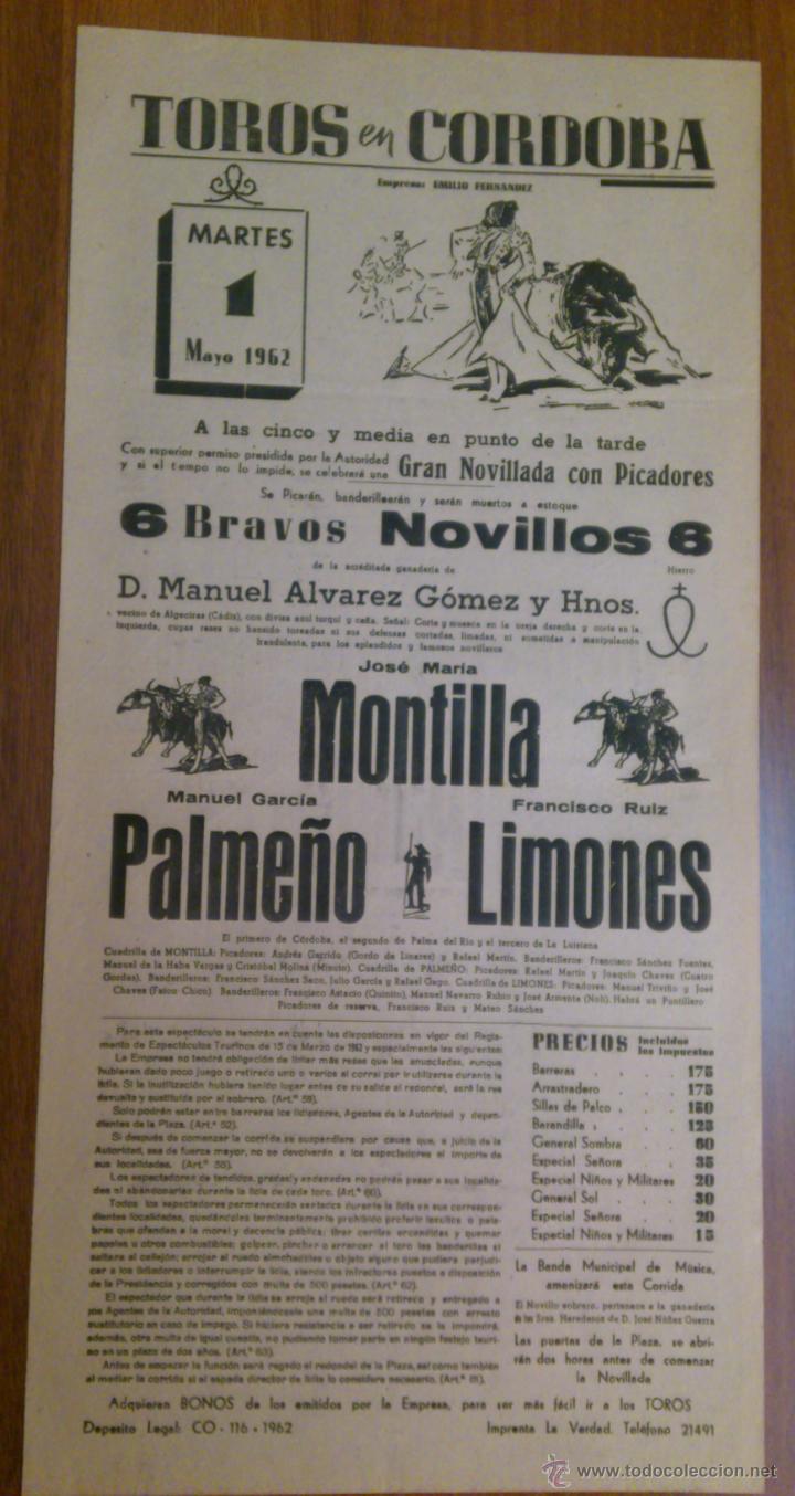 Tauromaquia: CARTEL TOROS CORDOBA 1 MAYO 1962. JOSE MARIA MONTILLA, MANUEL GARCIA PALMEÑO, FRANCISCO RUIS LIMONES
