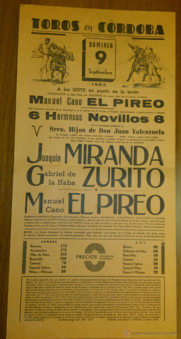 Tauromaquia: CARTEL TOROS CORDOBA 9 SEPTIEMBRE 1962 - JOAQUIN MIRANDA, GABRIEL DE LA HABA ZURITO Y EL PIREO