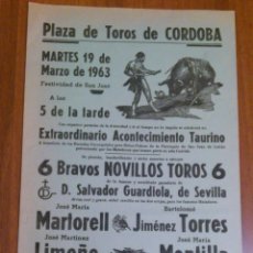 Tauromaquia: CARTEL TOROS CORDOBA 19 MARZO 1963 - MARTORELL, LIMEÑO, CANTIMPLAS, TORRES, MONTILLA Y JEREZANO . Lote 42030953