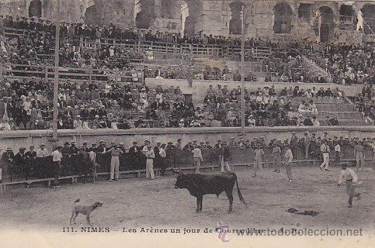Tauromaquia: POSTAL DE TOROS - PLAZA DE TOROS DE NIMES ( LES ARENES UN HOUR DE COURE LIBRE )