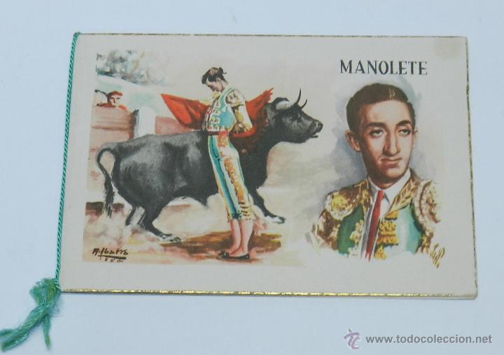 Tauromaquia: TARJETA DIPTICO DEL TORERO MANOLETE, ILUSTRADA POR A. IBARRA 1950, MIDE 15,5 X 10,5 CMS.