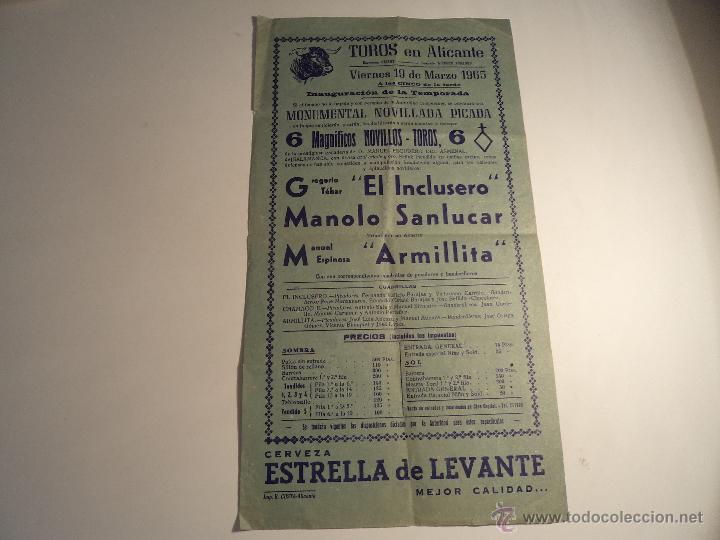 Tauromaquia: Cartel tauromaquia original. Plaza de toros de Alicante 1965. 17x31cm. (a-4)