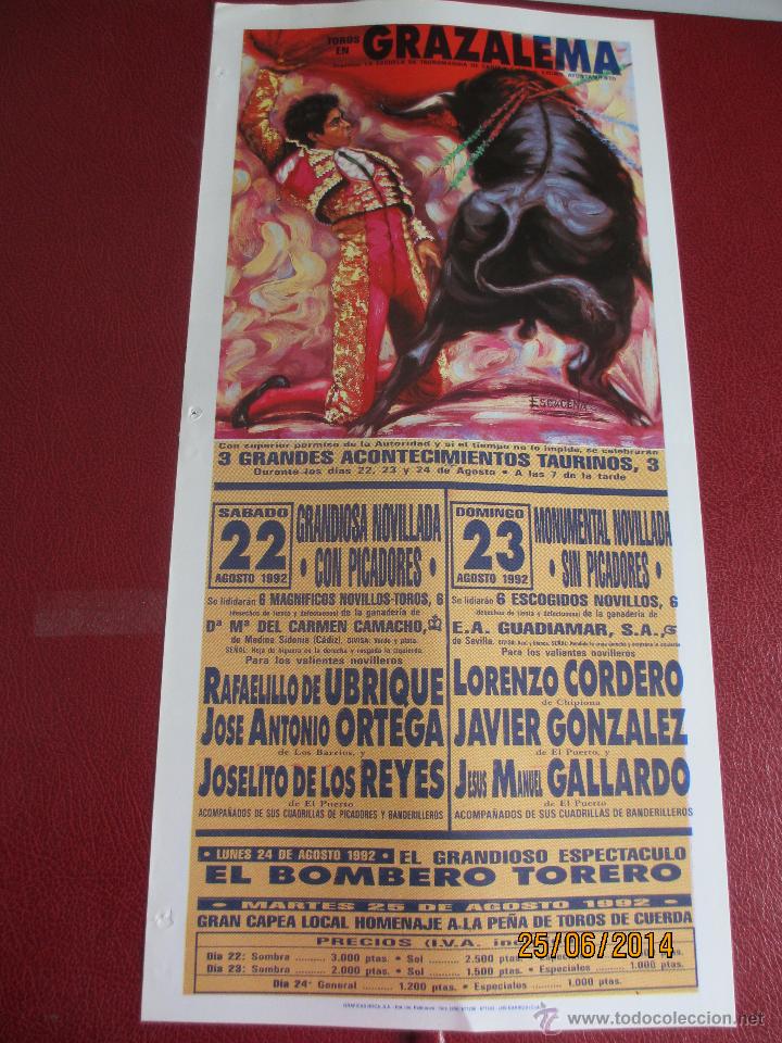 Tauromaquia: CARTEL. PLAZA DE GRAZALEMA. RAFAELILLO DE UBRIQUE, JOS&Eacute; ANTONIO ORTEGA, JOSELITO DE LOS REYES...1992