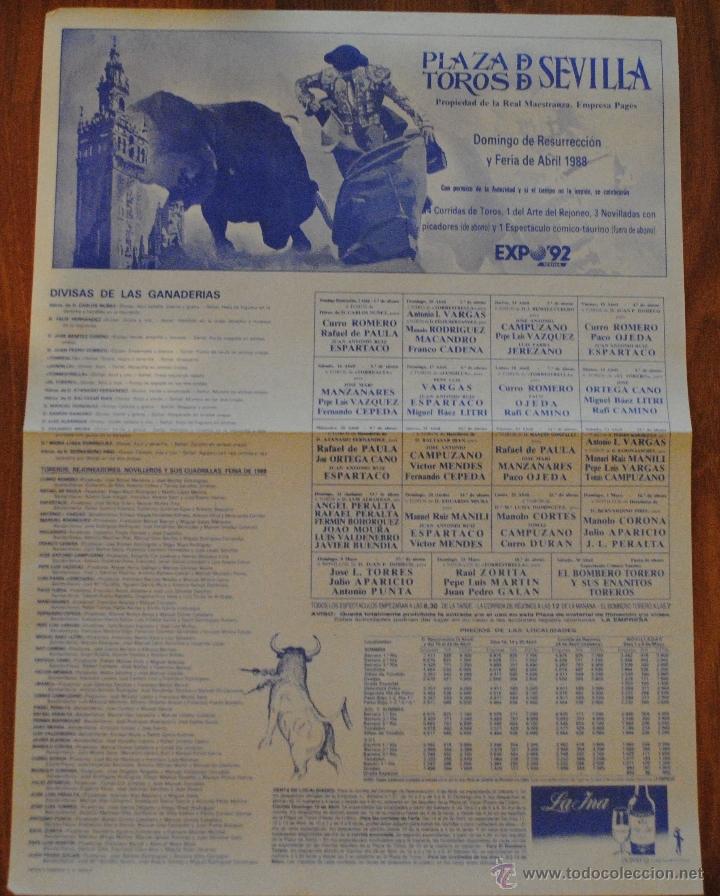 Tauromaquia: CARTEL PLAZA DE TOROS DE SEVILLA DOMINGO DE RESURECCI&Oacute;N Y FERIA DE ABRIL 1988, FRANCO CADENA, LEER
