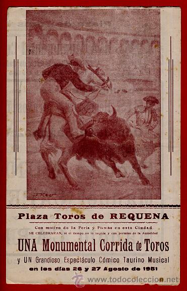 Tauromachie: PROGRAMA TOROS, PLAZA REQUENA , VALENCIA 1951, DIPTICO , ORIGINAL , C1