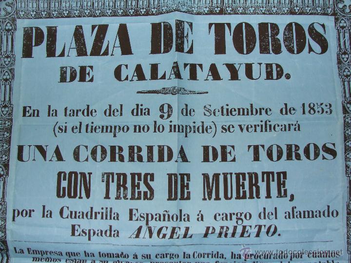 Tauromaquia: CARTEL DE TOROS CALATAYUD 1853. SIGLO XIX. 70X48 CM. GANADER&Iacute;A FRANCISCO JAVIER L&Oacute;PEZ MONTENEGRO.