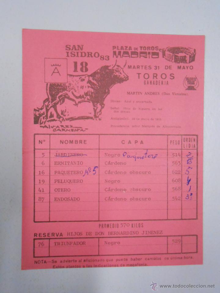 Tauromaquia: ORDEN DE LOS TOROS PLAZA DE TOROS DE MADRID SAN ISIDRO 1983. 31 DE MAYO. TDKP2