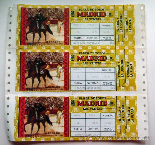 Tauromaquia: 3 entradas Las Ventas Madrid 1992 nuevas