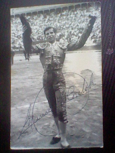 Tauromaquia: foto El Cordobes toros torero orejas y rabo  fotografia autografo sello Rubio tama&ntilde;o postal *B5