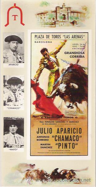Tauromaquia: POSTAL CARTEL DE CORRIDA PLAZA DE TOROS DE LAS ARENAS, FOTO TOREROS: APARICIO, CHAMACO Y PINTO
