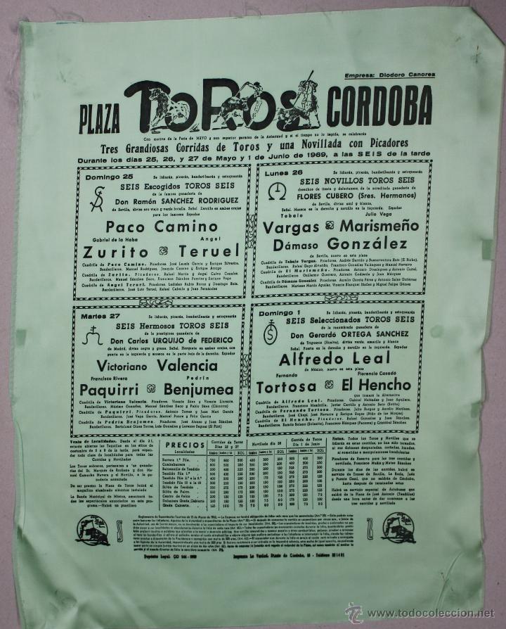 Stierkampf: CARTEL EN SEDA PLAZA DE TOROS CORDOBA. A&Ntilde;O 1969