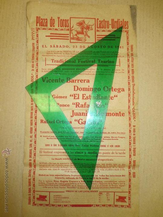 Tauromaquia: cartel toros castro urdiales 1941. vicente barrera. domingo ortega. rafael ponce. bilbao. santander.