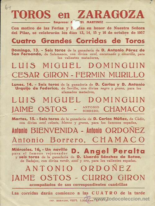 Tauromaquia: 4 PROGRAMAS CORRIDAS DE TOROS EN ZARAGOZA. 1957-1958 - Foto 6