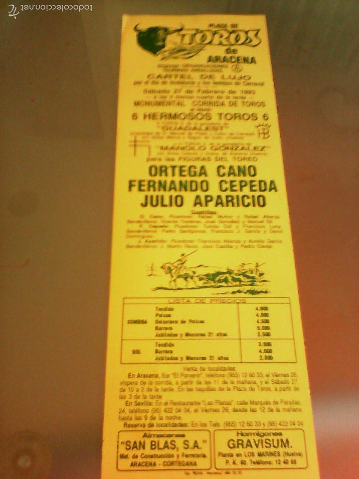 Stierkampf: CARTEL DE TOROS EN ARACENA. A&Ntilde;O 1993. ORTEGA CANO, FERNANDO CEPEDA, JULIO APARICIO.