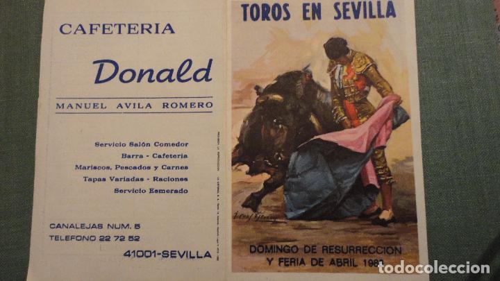 Tauromaquia: PROGRAMA.TOROS EN SEVILLA.CAFETERIA DONALD.FERIA ABRIL.1986.CAMPUZANO.CURRO ROMERO.ESPARTACO.