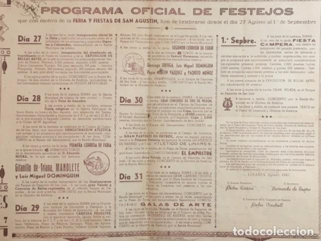 Tauromaquia: Rar&iacute;simo Cartel Fiestas Linares 1947 con la famosa Corrida de Toros en la que muri&oacute; Manolete