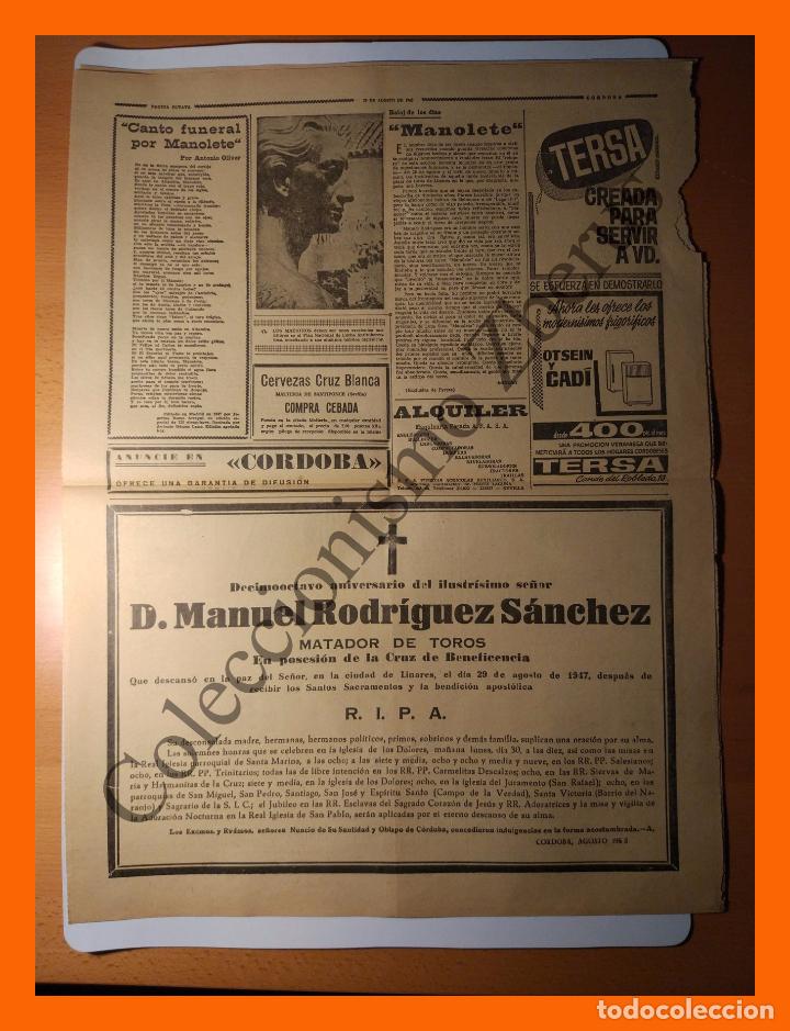 Tauromaquia: Hoja peri&oacute;dico C&oacute;rdoba 29 Agosto 1965 - Esquela 18 Aniversario muerte de Manolete