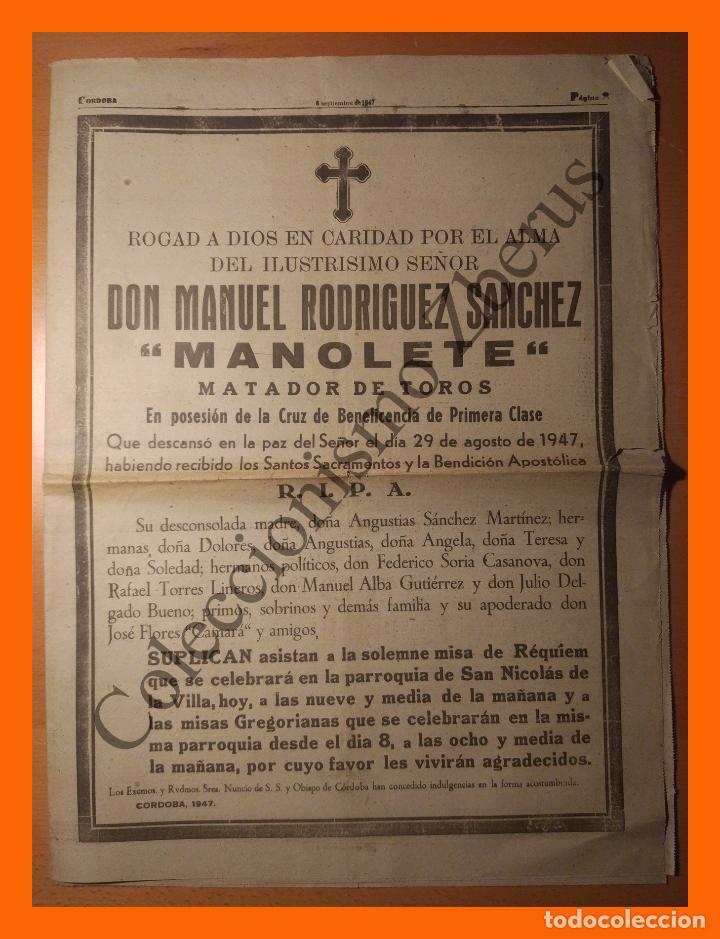 Tauromaquia: Periodico Cordoba 6 Septiembre 1947 - Esquela Requiem Manuel Rodriguez Sanchez, Manolete