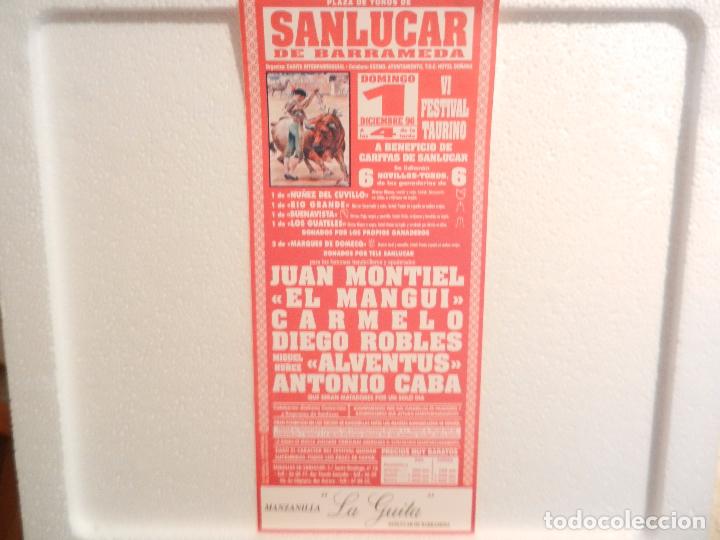 Tauromachia: CARTEL PLAZA DE TOROS DE SANLUCAR. CON EL MANGUI, ALVENTUS, ANTONIO CABA... 01/12/1996. 34X15 CM.