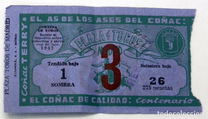 Tauromaquia: Entrada Plaza toros Madrid Corrida 1952 publicidad Centenario Terry