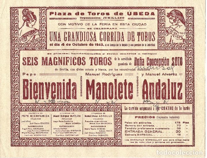 Tauromaquia: Programa Corrida. Plaza de Toros de &Uacute;beda. 1943. Manolete - Foto 2