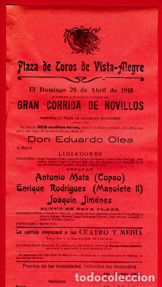 Tauromaquia: CARTEL TOROS UNA SOLA TINTA , PLAZA DE VISTA ALEGRE, MADRID - COPAO, MANOLETE- 25 ABRIL 1915 - TP566