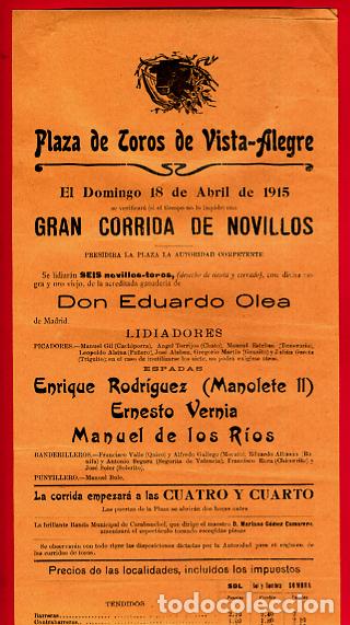 Tauromaquia: CARTEL TOROS UNA SOLA TINTA , PLAZA DE VISTA-ALEGRE, MADRID - MANOLETE - 18 ABRIL 1915 - TP572