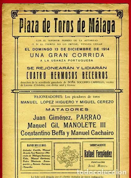 Tauromaquia: CARTEL TOROS UNA SOLA TINTA , PLAZA DE M&Aacute;LAGA -MANOLETE ,AUTOGRAFO BELMONTE - DICIEMBRE 1914 - TP602
