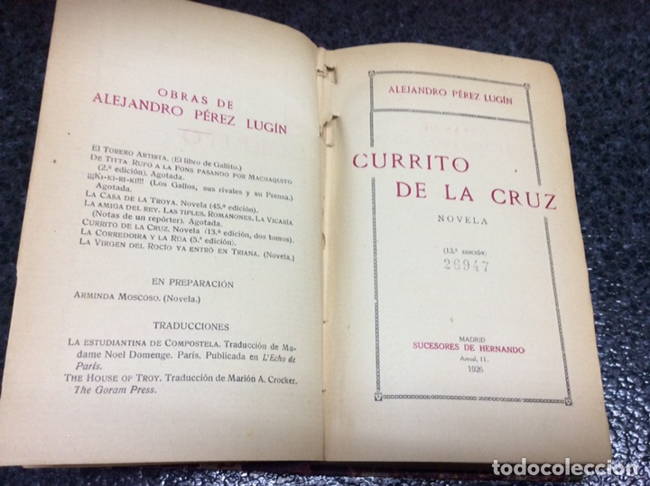Tauromachia: NOVELA CURRITO DE LA CRUZ / ALEJANDRO PEREZ LUGIN. -ED. HERNANDO. 1926