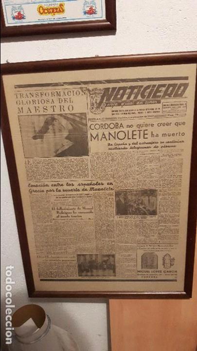 Tauromaquia: Manolete periodico de la muerte con marco reliquia precioso