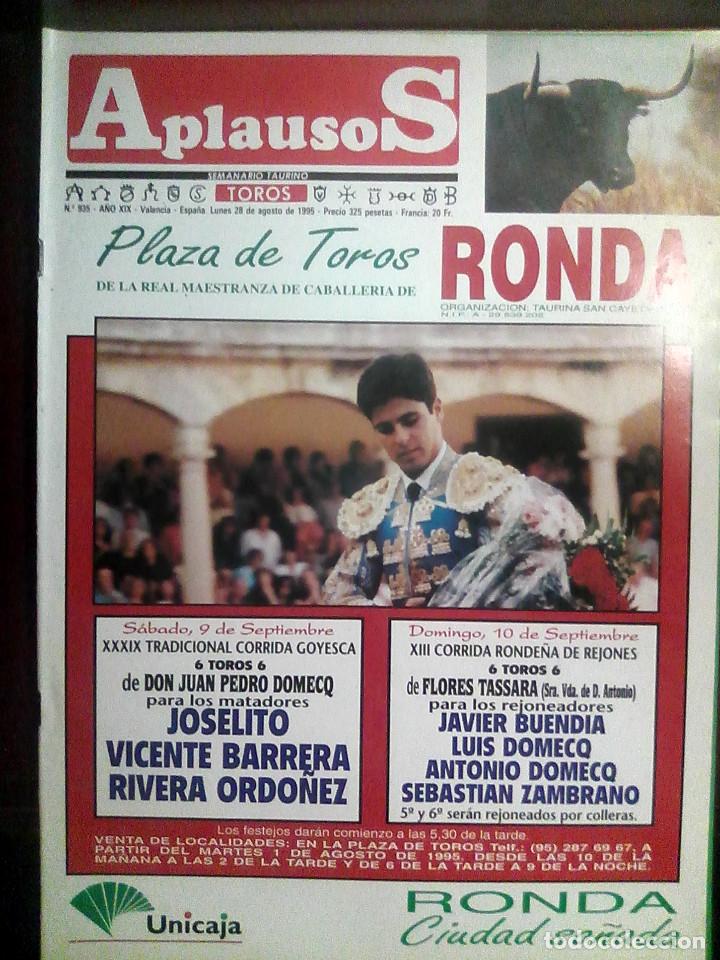 Tauromaquia: Revista Aplausos N.&ordm; , 935, 28 de agosto de 1995 - Ronda, Joselito, Vicente Barrera, Rivera Ord&oacute;&ntilde;ez