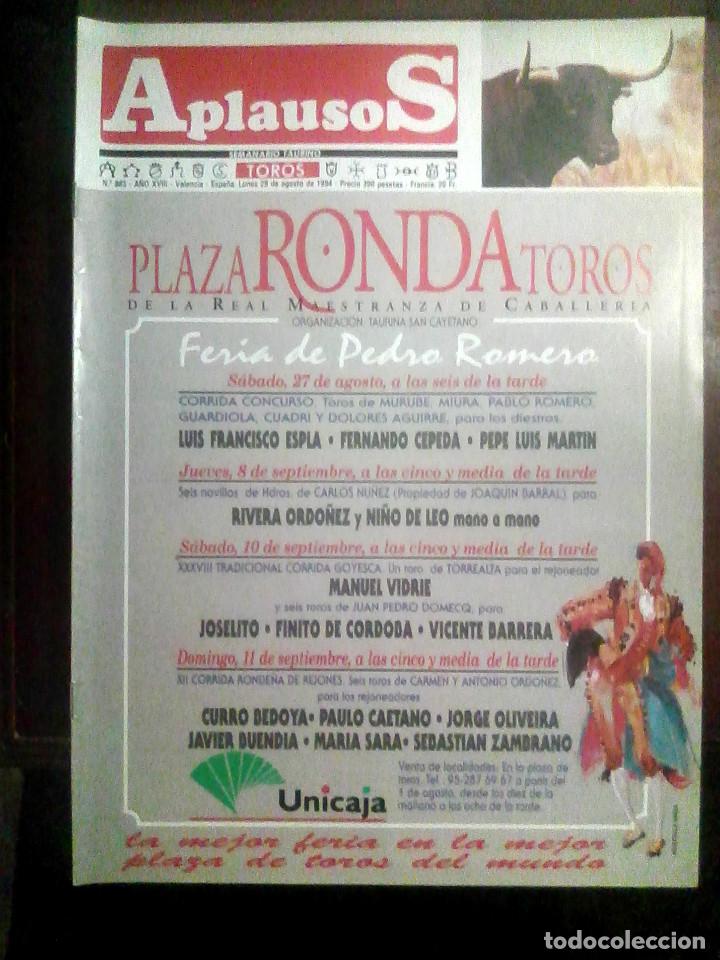 Tauromaquia: Revista Aplausos N.&ordm; 883, 29 de agosto de 1994 - Ronda, Espl&agrave;, Cepeda, Rivera Ord&oacute;&ntilde;ez, Joselito