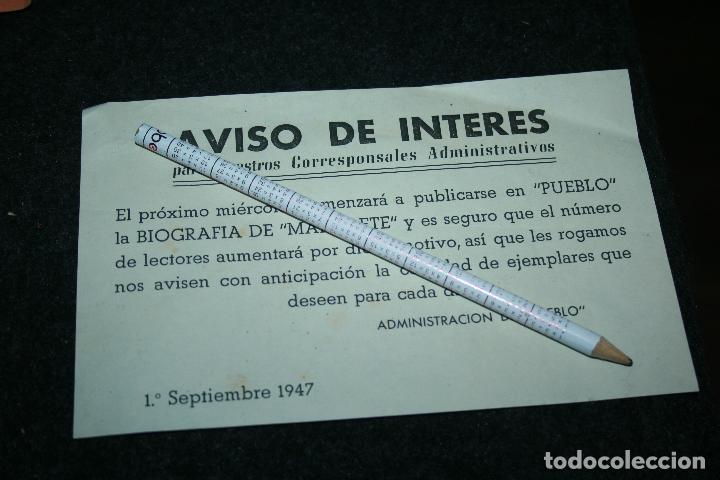 Tauromaquia: Aviso del diario Pueblo, sobre la biograf&iacute;a del torero Manolete tras su muerte. septiembre 1947