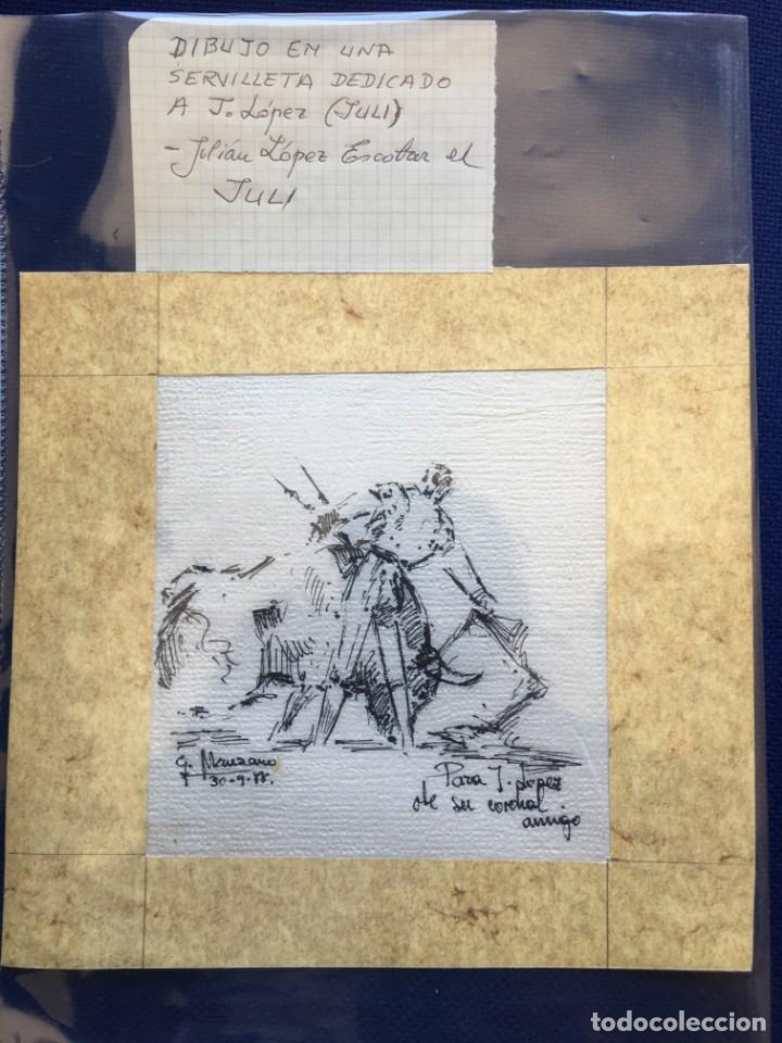 Tauromaquia: DIBUJO EN UNA SERVILLETA DEDICADO AL TORERO JULIAN LOPEZ ESCOBAR EL JULI FIRMADO G. MANZANO 1988